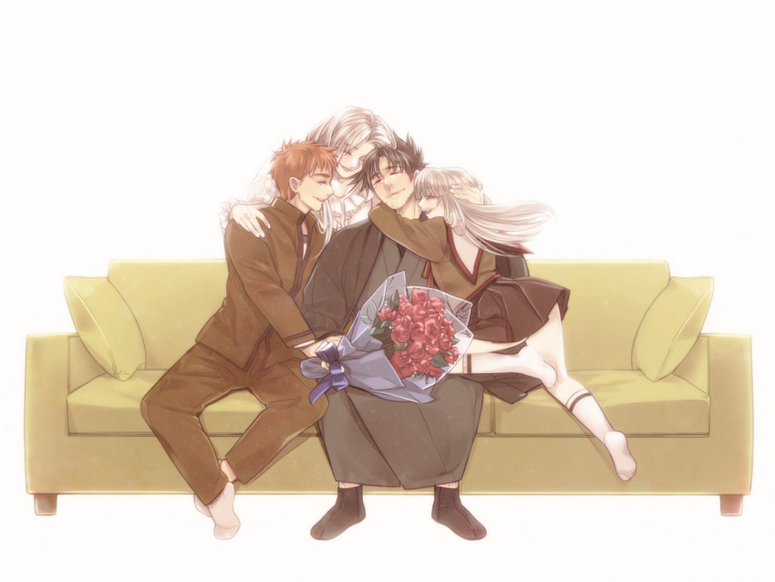 2boys, 2girls, black_hair, bouquet, brown_hair, couch, emiya_kiritsugu, emiya_shirou