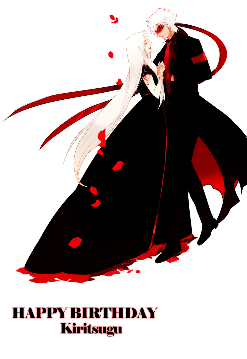 1boy, 1girl, amore1989, black_dress, blindfold, couple, dancing, dark_persona, dress, emiya_kiritsugu, fate/zero, fate_(series), happy_birthday, hetero, husband_and_wife, irisviel_von_einzbern, long_hair, necktie, white_hair
