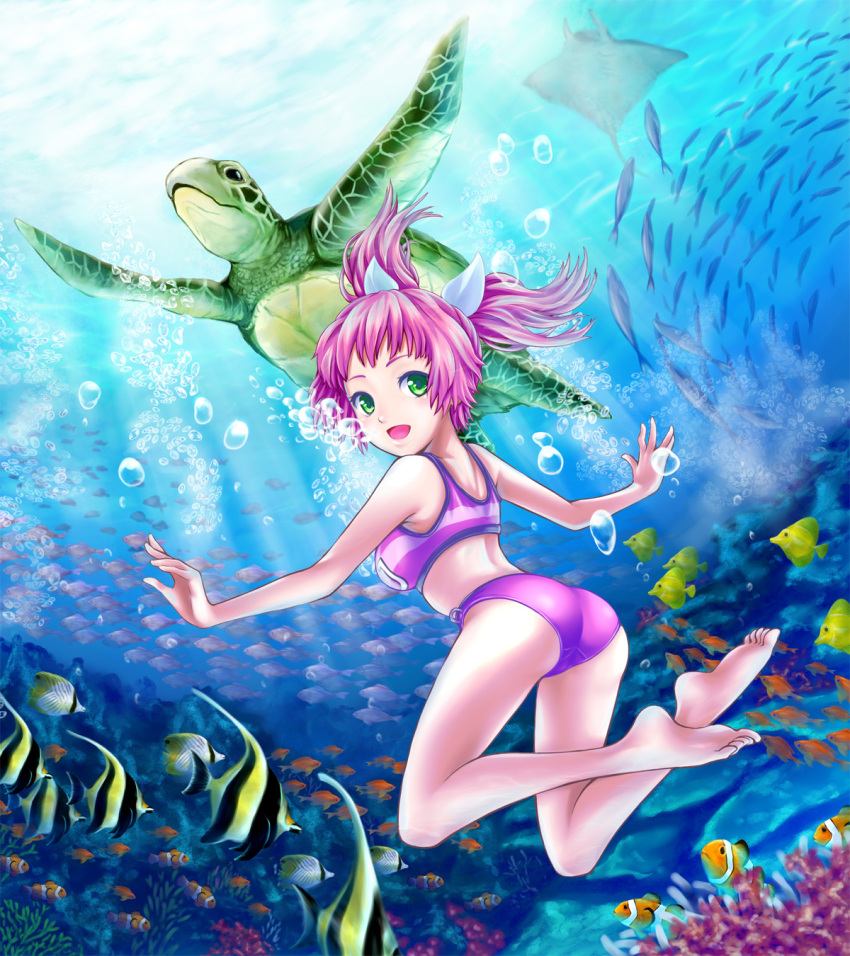 1girl, air_bubble, barefoot, bikini, breath, bubble, coral, diving