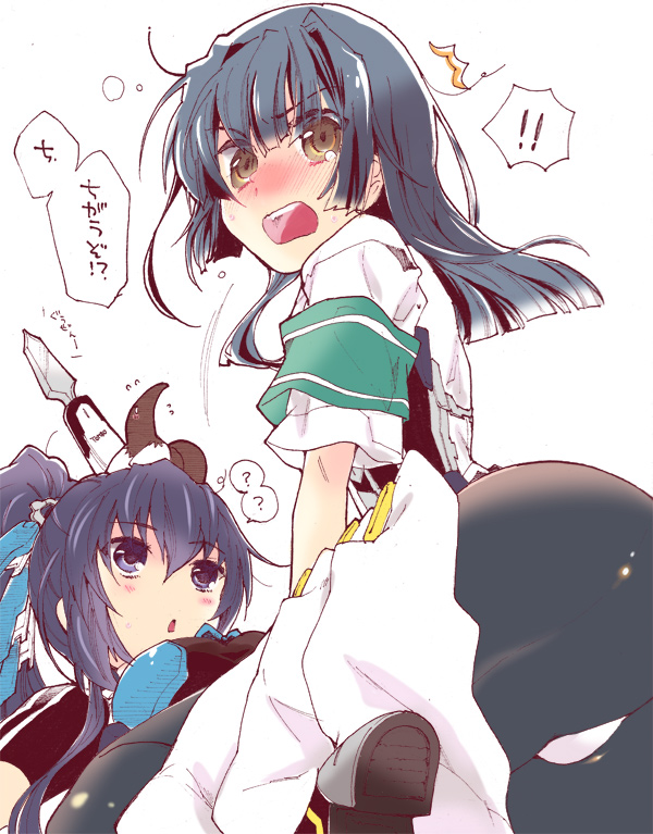 /\/\/\, 2girls, ?, ass, black_hair, blue_hair, blush, bodysuit