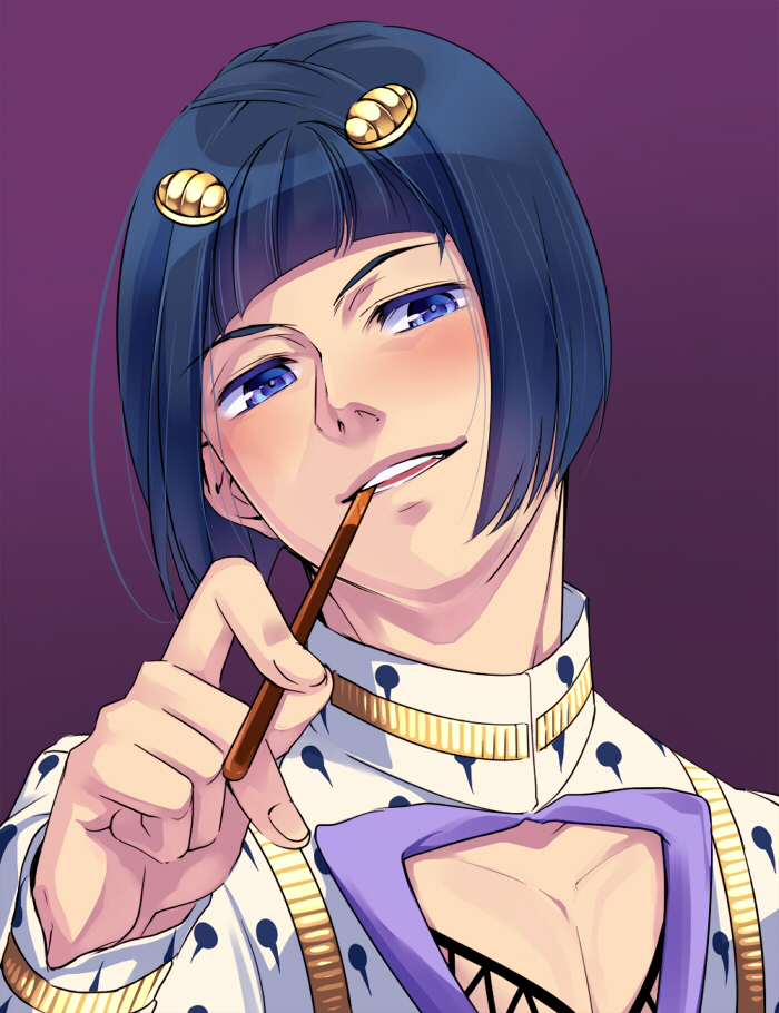 1boy, black_hair, blue_hair, blush, bob_cut, bruno_bucciarati, hair_ornament, jojo_no_kimyou_na_bouken