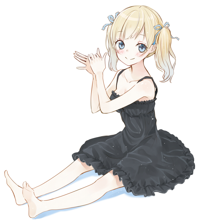 1girl, bare_legs, barefoot, blonde_hair, blue_eyes, blush, dress, hair_ribbon