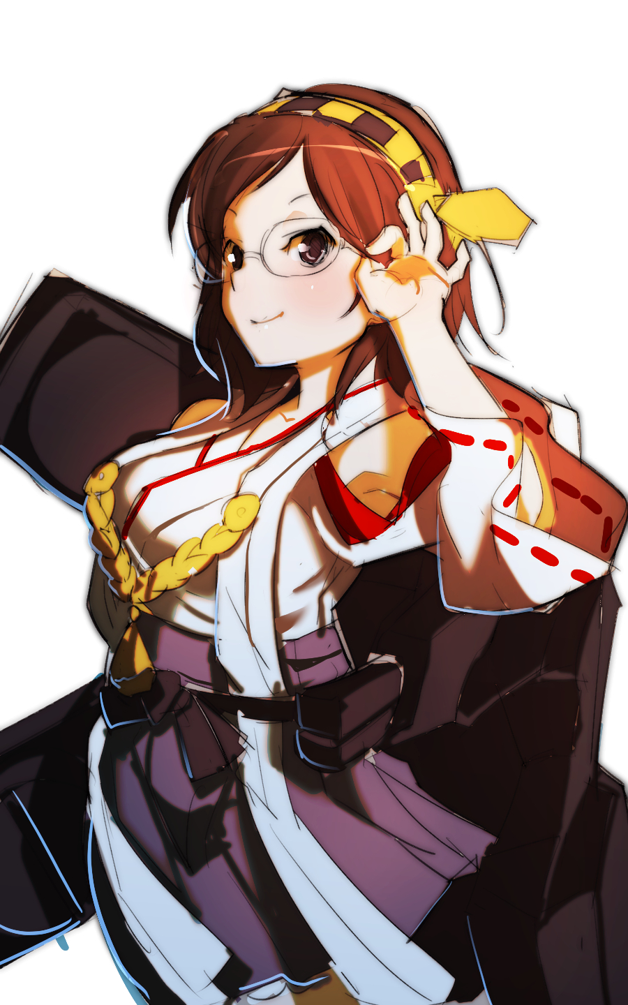 1girl, brown_hair, detached_sleeves, glasses, hairband, highres, japanese_clothes, kantai_collection