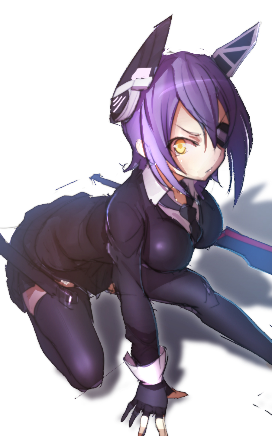 1girl, all_fours, eyepatch, gloves, headgear, highres, kantai_collection, namago, personification, purple_hair, short_hair, sweatr, tenryuu_(kantai_collection), thighhighs, yellow_eyes