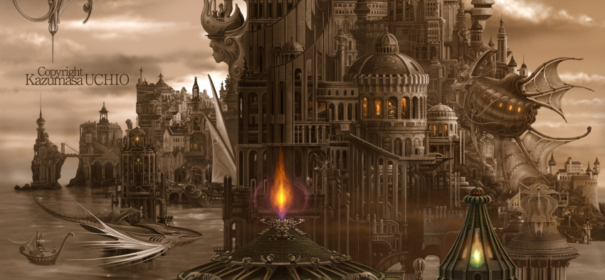 airship, arch, artist_name, boat, bottle, castle, clouds, highres