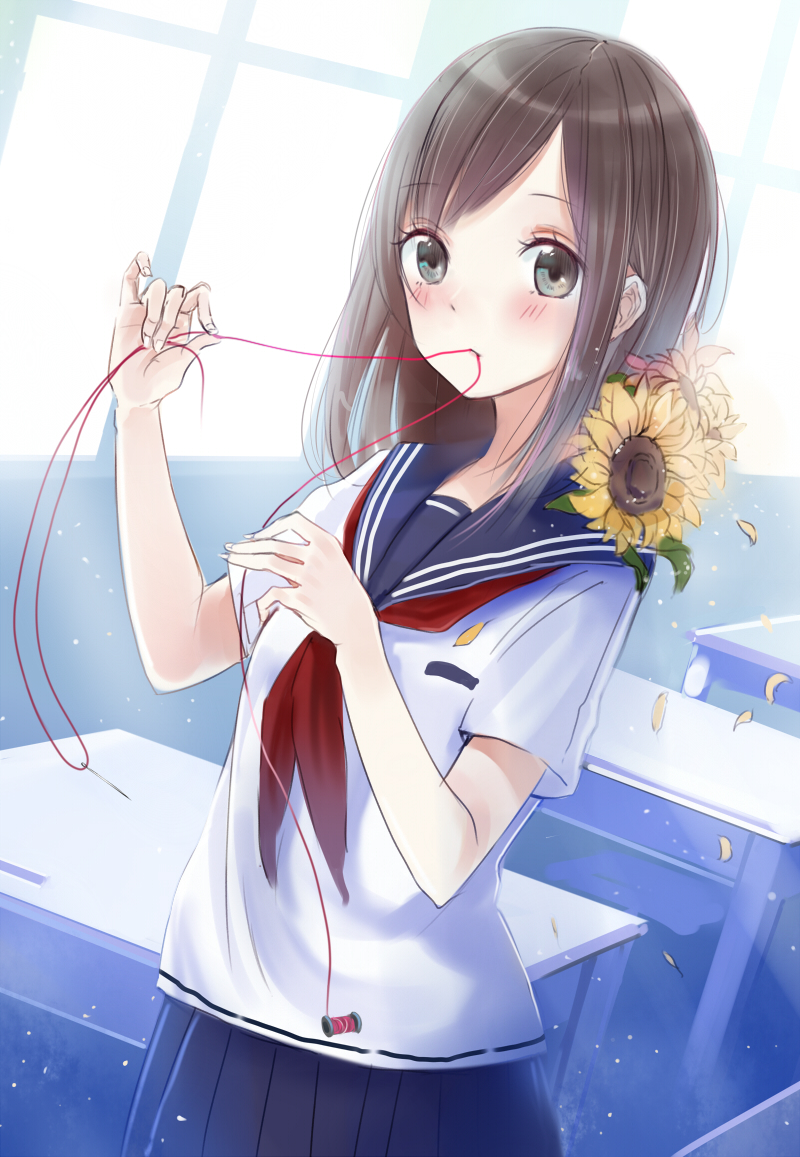 1girl, blush, brown_eyes, brown_hair, classroom, desk, dutch_angle, flower