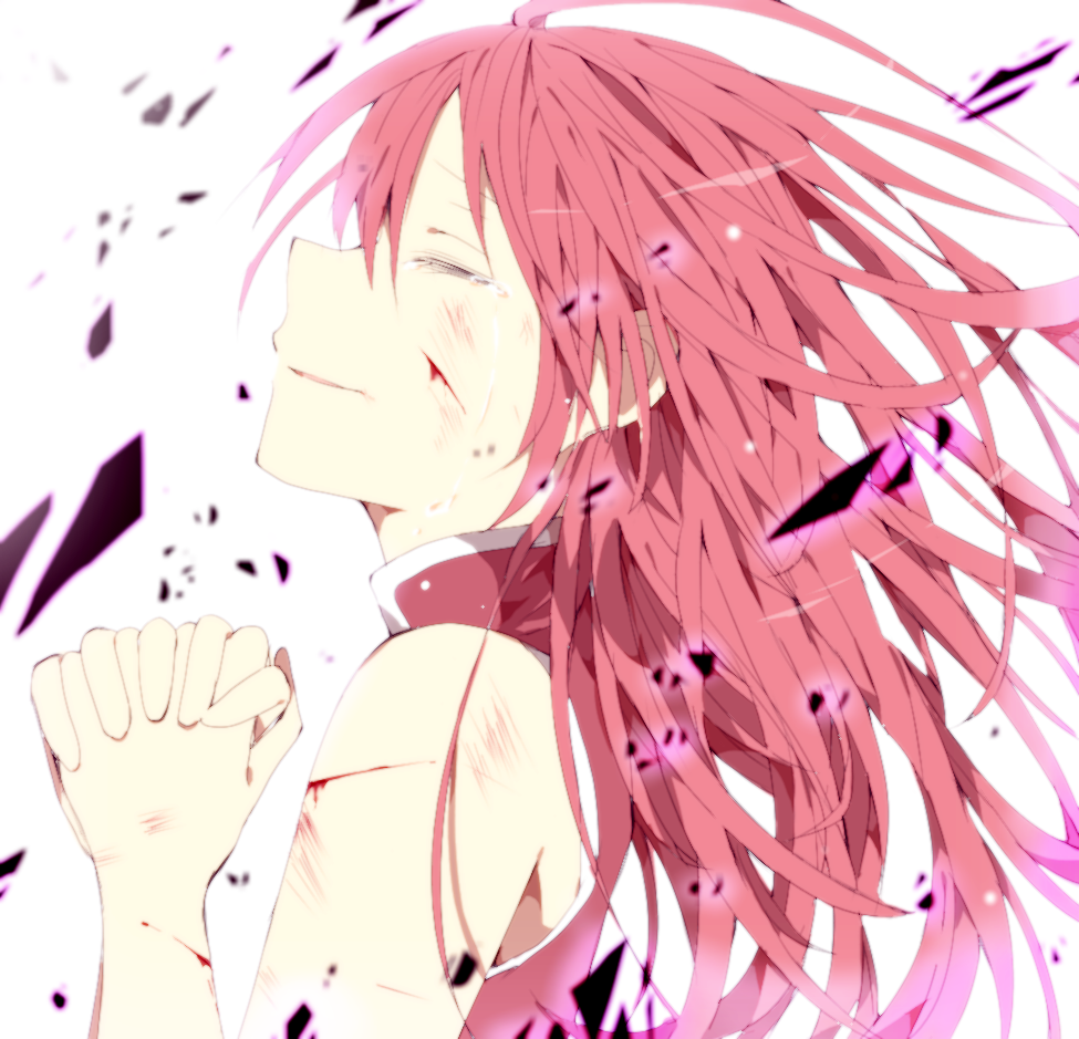 1girl, bare_shoulders, blood, bust, closed_eyes, cuts, hair_down, hands_clasped