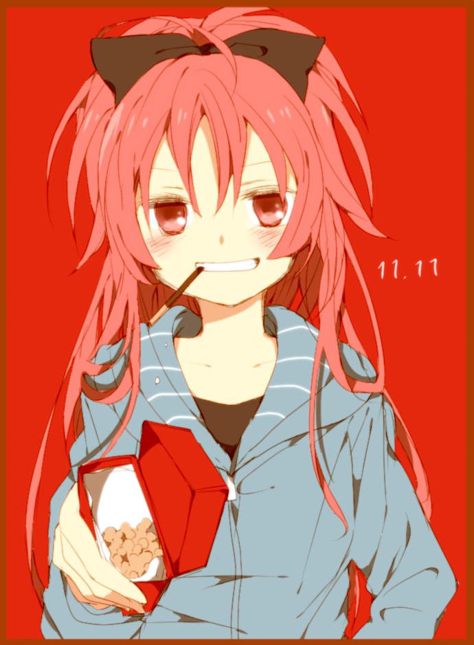 1girl, blush, bust, dated, grin, hair_ribbon, hand_on_hip, jacket