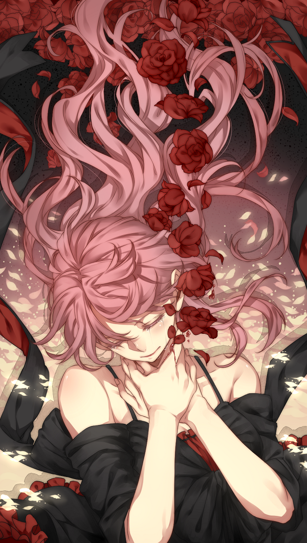 bare_shoulders, blood, closed_eyes, dress, flower, koubou, long_hair, original