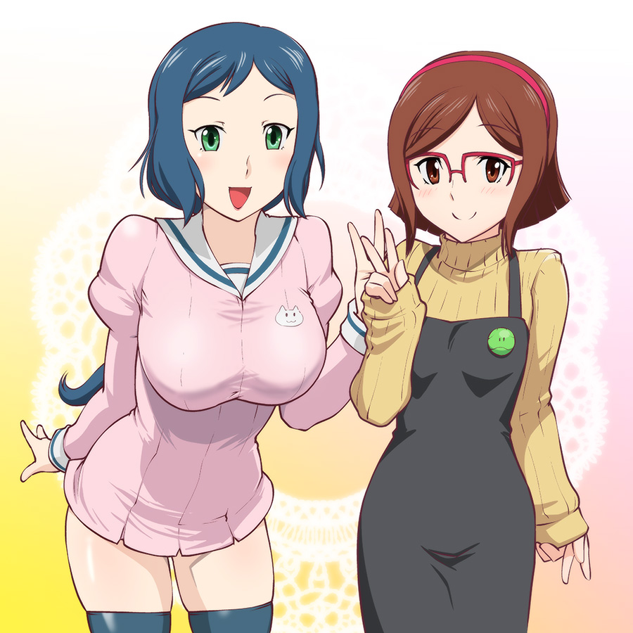 2girls, :d, apron, blue_legwear, blush, breasts, brown_eyes, brown_hair