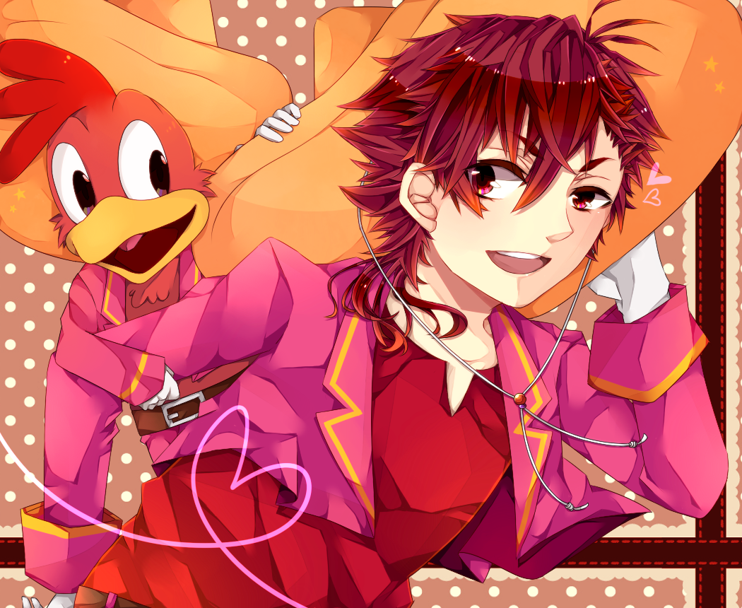 1boy, bird, doily, dual_persona, gloves, hat, heart, heart_of_string