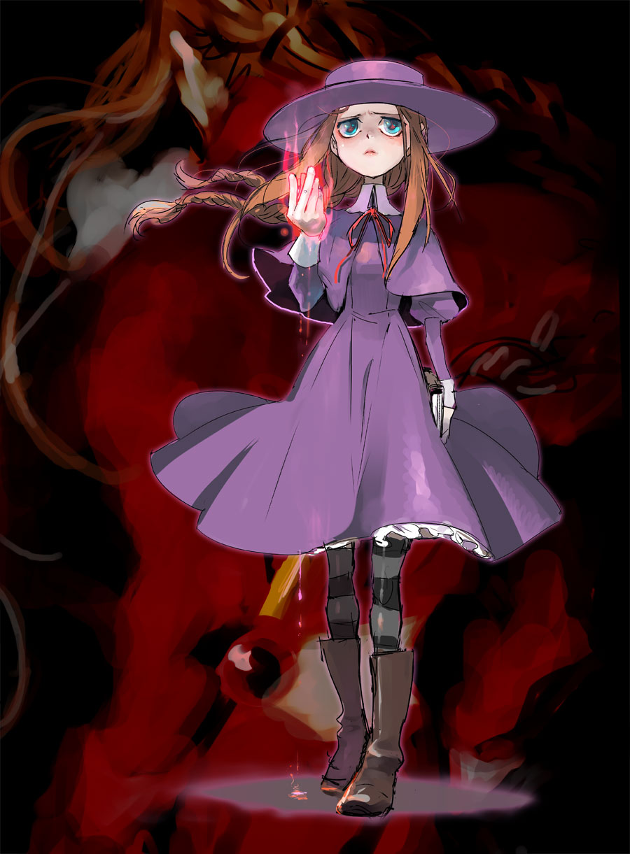 1boy, 1girl, anita_(vampire), aqua_eyes, blue_eyes, boots, braid, brown_boots, brown_hair, caplet, dee_(vampire), dress, flame, from_behind, full_body, hat, highres, long_hair, purple_dress, sad, striped, striped_legwear, teenage, twin_braids, vampire_(game), walking, yutaka7