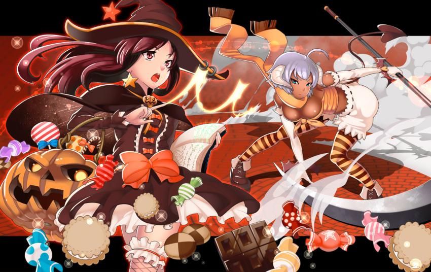 aqua_eyes, bloomers, book, brown_hair, candy, checkerboard_cookie, cookie, dark_skin, earrings, fishnets, food, garters, halloween, hat, horns, jack-o'-lantern, jack-o-lantern, jewelry, knife_(artist), multiple_girls, original, pumpkin, red_eyes, scarf, silver_hair, staff, star, striped, striped_legwear, striped_thighhighs, tail, thigh-highs, thighhighs, weapon, witch_hat