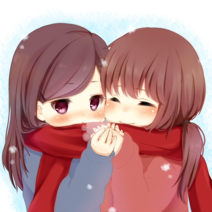 2girls, ^_^, blush, child, closed_eyes, cold, holding, long_hair, multiple_girls, nukochan, original, ponytail, scarf, smile, snow, sweater, violet_eyes