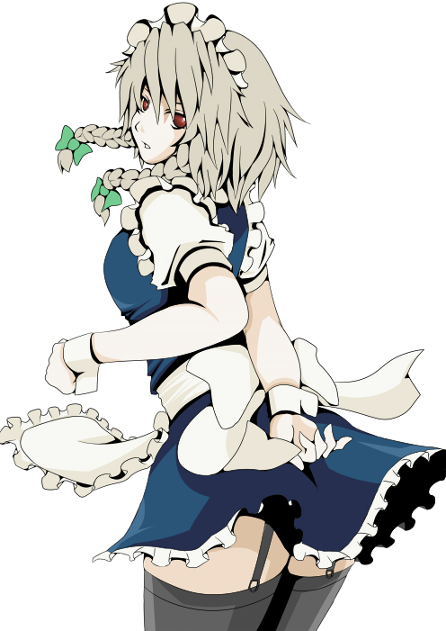 1girl, admiraryu, apron, braid, breasts, from_behind, garter_straps, izayoi_sakuya, maid_headdress, red_eyes, short_hair, solo, thighhighs, touhou, twin_braids
