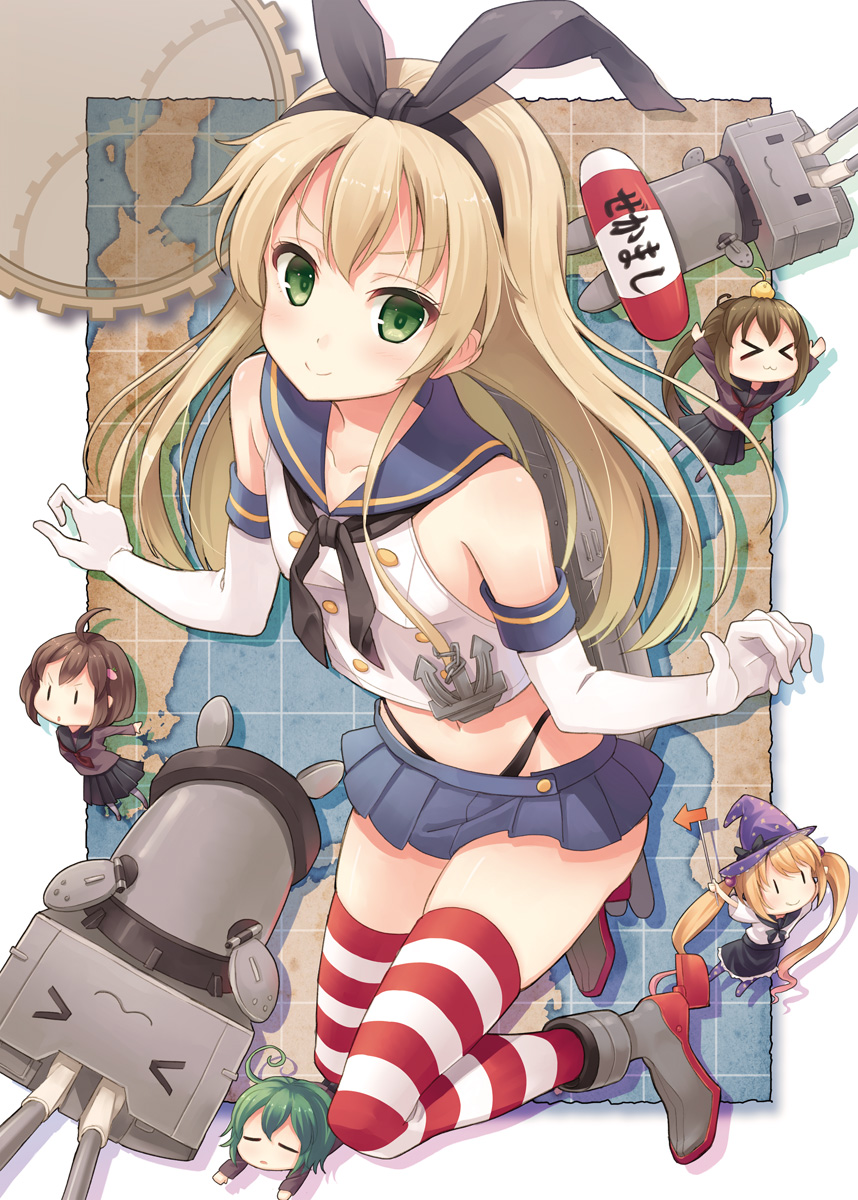 >_<, :3, anchor, animal_on_head, bird, black_panties, blonde_hair, blush, chick, elbow_gloves, gloves, green_hair, hair_ornament, hairband, hat, highleg, highleg_panties, highres, hiyoko_(kantai_collection), hyuuga_azuri, kantai_collection, long_hair, looking_at_viewer, majokko_(kantai_collection), midori_(kantai_collection), minigirl, navel, panties, personification, rashinban_musume, rensouhou-chan, shimakaze_(kantai_collection), short_hair, skirt, striped, striped_legwear, thighhighs, twintails, underwear, white_gloves, witch_hat