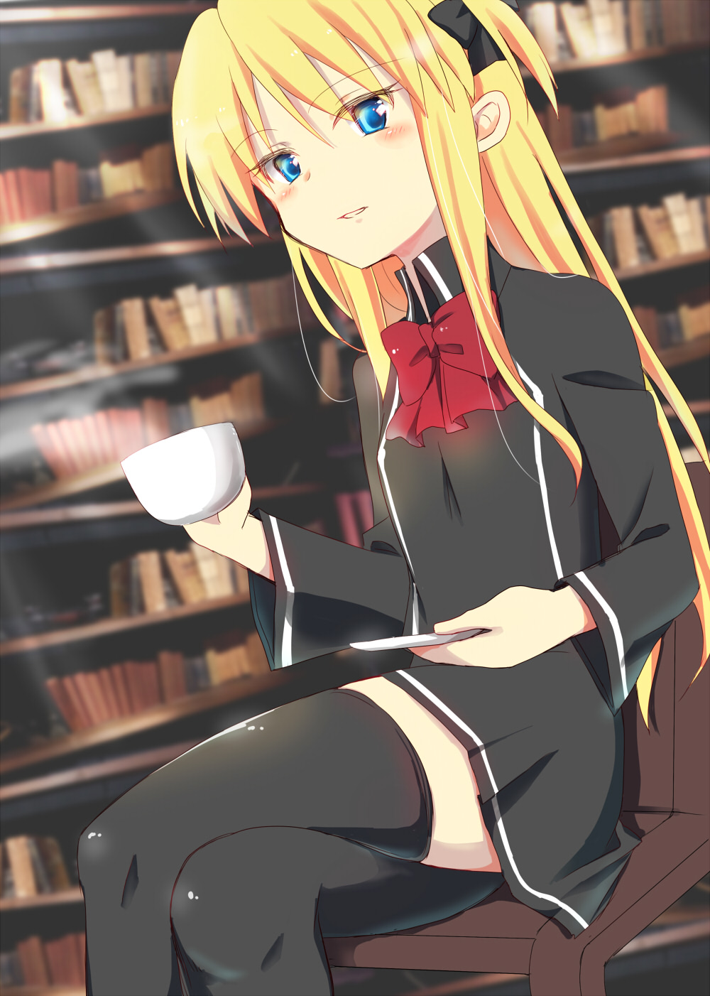 1girl, black_dress, black_legwear, blonde_hair, blue_eyes, blush, bow, crossed_legs
