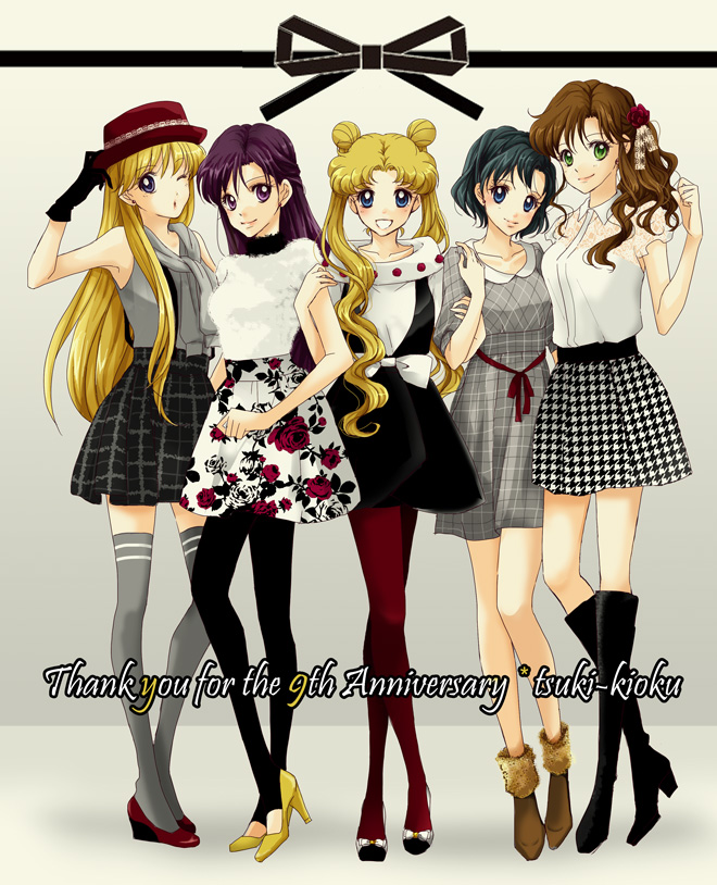 5girls, aino_minako, anniversary, arm_grab, bishoujo_senshi_sailor_moon, black_legwear, blonde_hair, blue_eyes, blue_hair, boots, brown_hair, double_bun, green_eyes, grey_legwear, hair_ornament, hairpin, half_updo, hanarain, hat, high_heels, hino_rei, kino_makoto, knee_boots, long_hair, mizuno_ami, multiple_girls, pantyhose, purple_hair, red_legwear, shirt, shoes, short_hair, skirt, smile, thank_you, thighhighs, tsukino_usagi, twintails, violet_eyes, wink