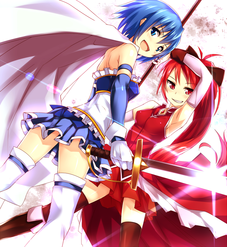 2girls, bare_shoulders, black_legwear, blue_eyes, blue_hair, blush, bow, cape