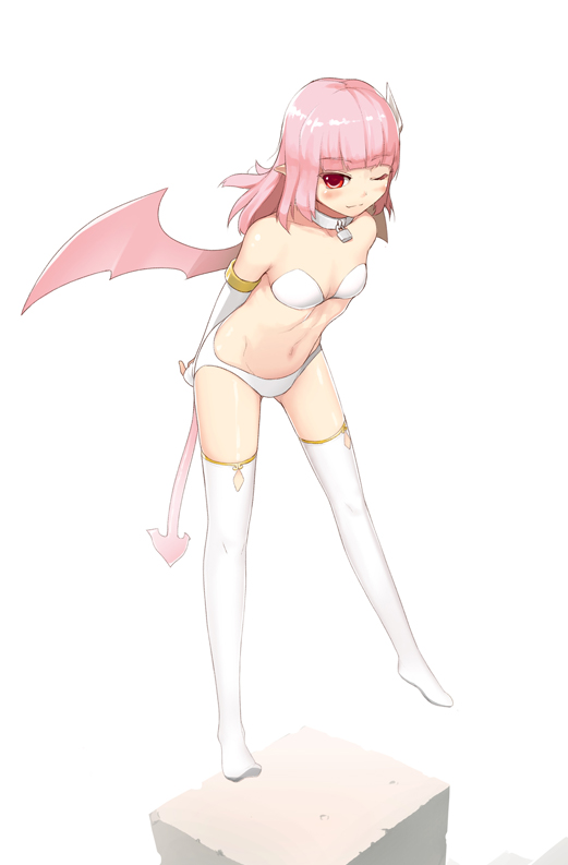 1girl, arms_behind_back, bare_shoulders, blush, collar, demon_girl, demon_tail, demon_wings