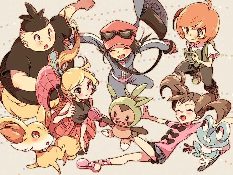 2girls, 3boys, atom_(@tom), bag, black_hair, blonde_hair, brown_hair, calme_(pokemon)