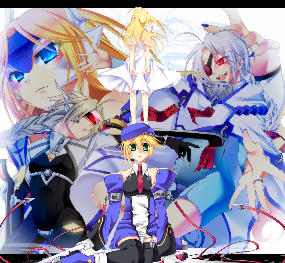 5girls, ahoge, beret, blazblue, blonde_hair, bodysuit, bolverk, clone