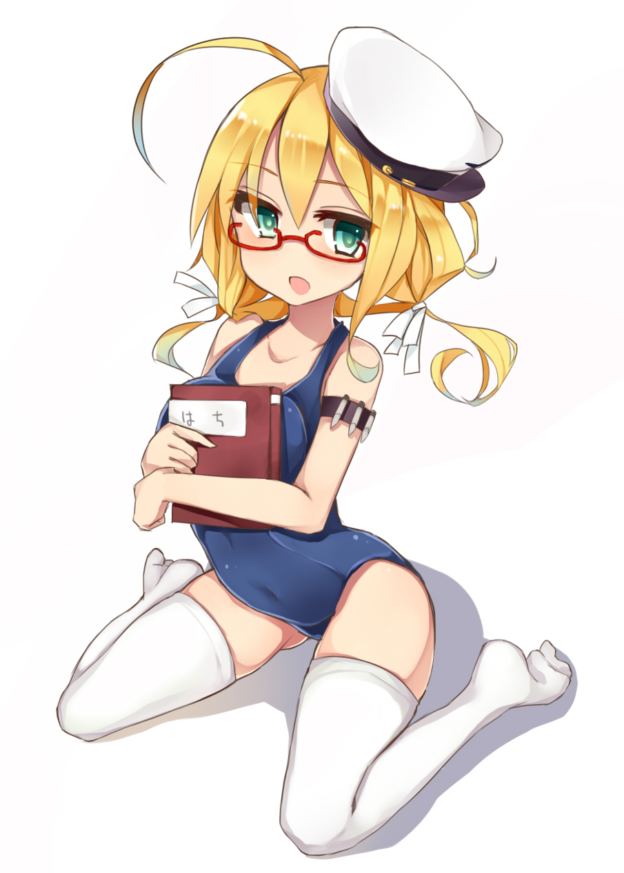 1girl, ahoge, blonde_hair, book, breasts, glasses, green_eyes, hair_ribbon