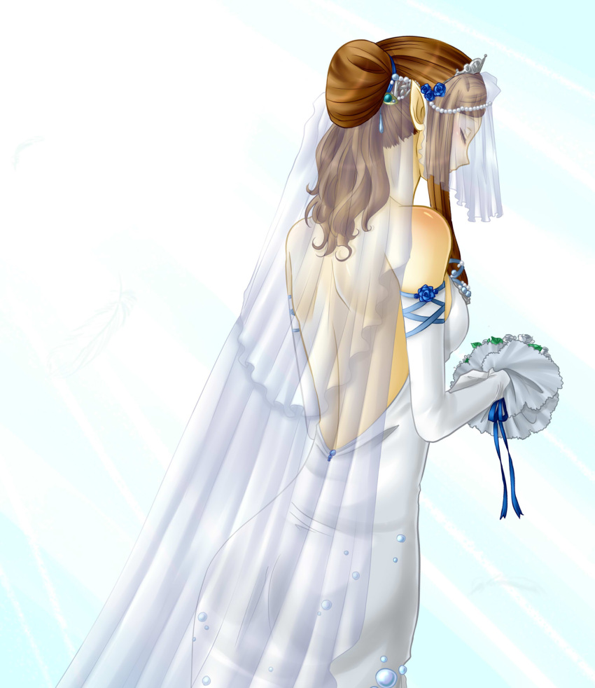 back, bare_back, bare_shoulders, blush, bouquet, bridal_veil, bride, brown_hair