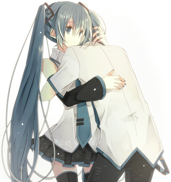1boy, 1girl, aqua_eyes, aqua_hair, detached_sleeves, hatsune_miku, hatsune_mikuo, hug, long_hair, nail_polish, necktie, pima_mashiro, thighhighs, twintails, vocaloid