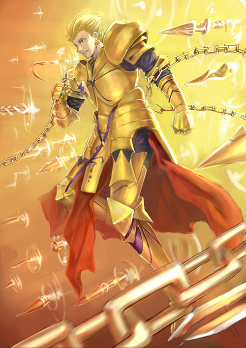 1boy, armor, blonde_hair, chain, earrings, exxe, fate/zero, fate_(series)