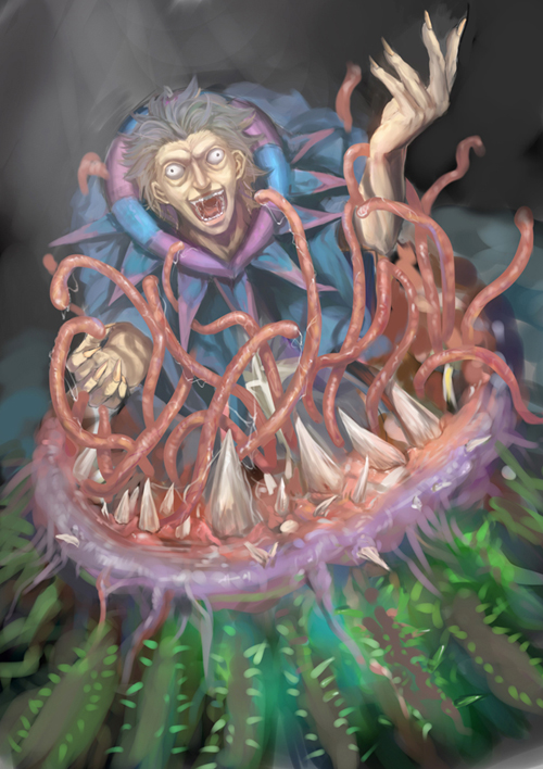 1boy, caster_(fate/zero), exxe, fate/zero, fate_(series), grey_hair, monster, shoggoth