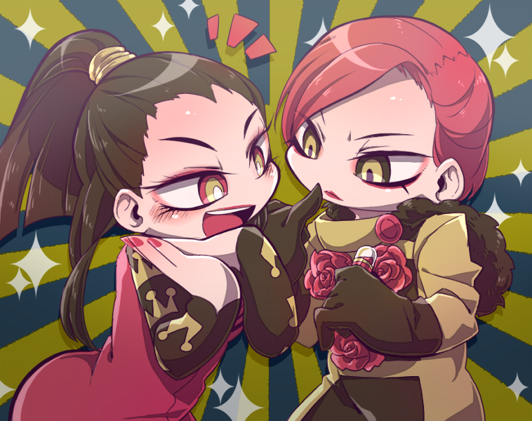 1boy, 1girl, black_hair, doctor_ferdinand, eyelashes, eyeliner, flower, hood_down