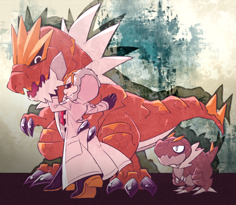 1boy, crossover, dinosaurs, doctor_ferdinand, hood, jojo_no_kimyou_na_bouken, long_coat, orange_hair