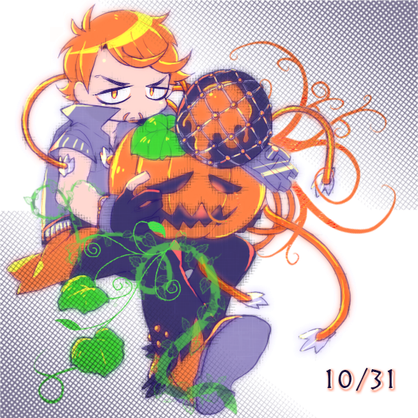 beard, facial_hair, halloween, jack-o'-lantern, jojo_no_kimyou_na_bouken, mandom_(stand), mustache, orange_eyes