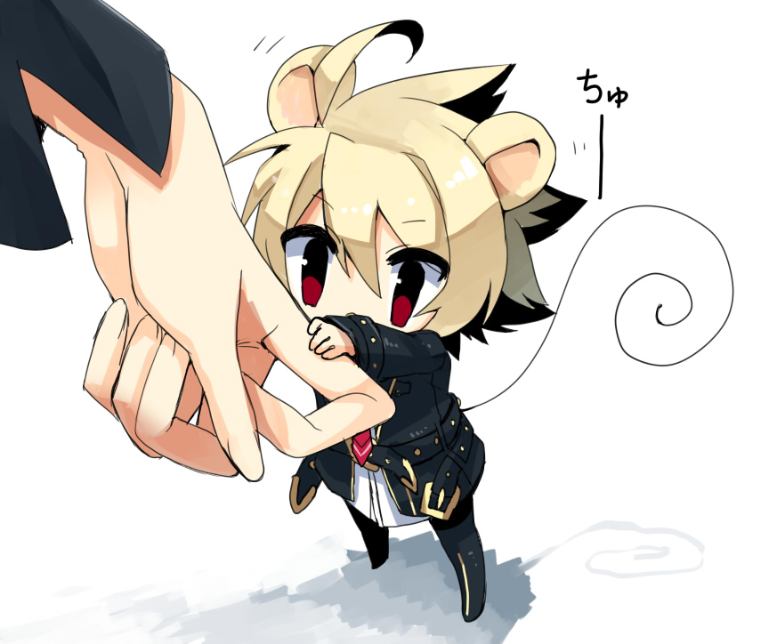 ahoge, animal_ears, black_hair, blonde_hair, chibi, hyde_(under_night_in-birth), jacket, kemonomimi_mode