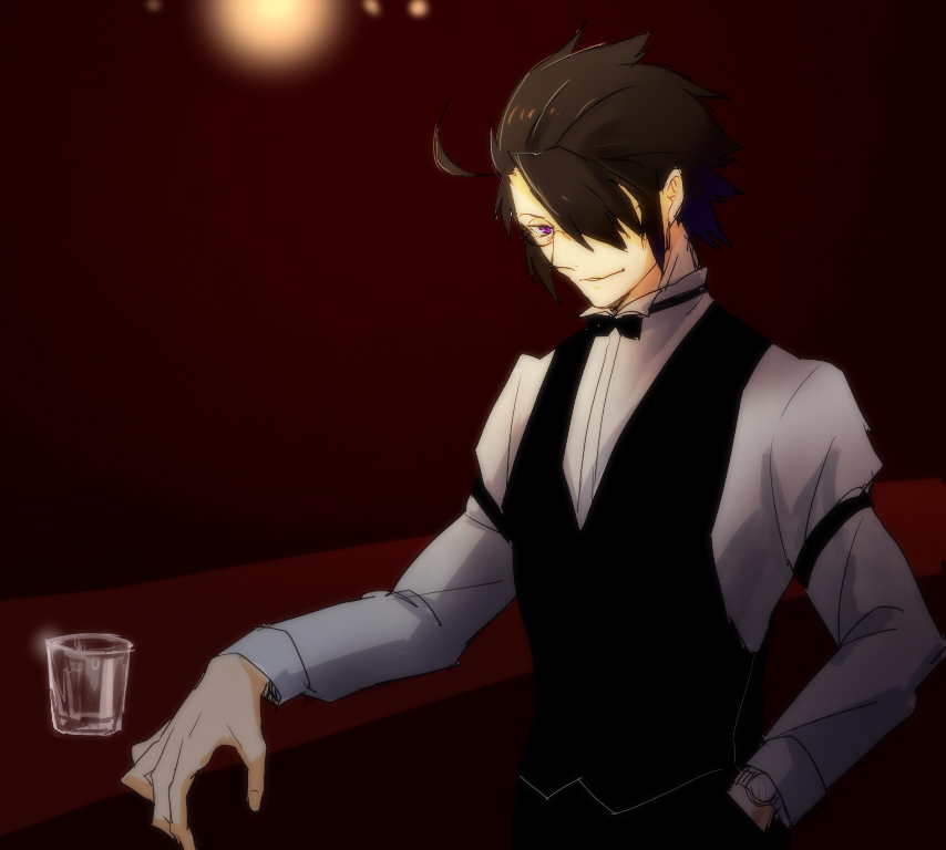 1boy, ahoge, bespectacled, black_hair, bowtie, glass, glasses, gordeau
