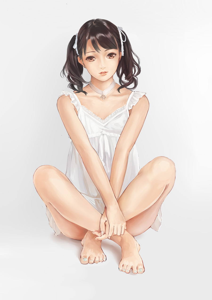 1girl, barefoot, black_hair, brown_eyes, codec007, crossed_legs, dress, grey_background, hair_ribbon, highres, indian_style, jewelry, necklace, original, ribbon, sitting, solo, toenail_polish, twintails, white_dress