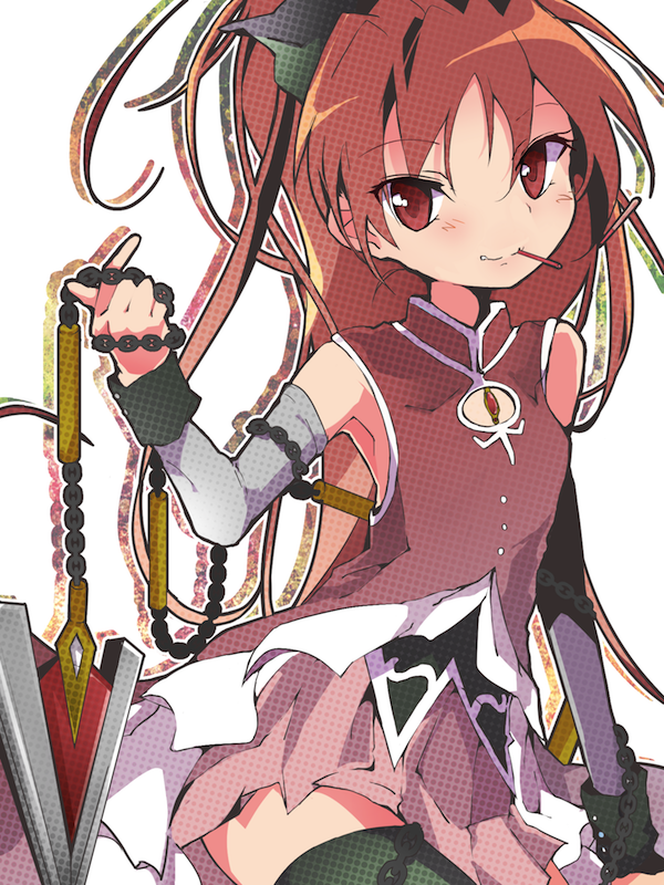 1girl, bare_shoulders, black_legwear, chain, hair_ribbon, karaage_(torikkk), looking_at_viewer, mahou_shoujo_madoka_magica
