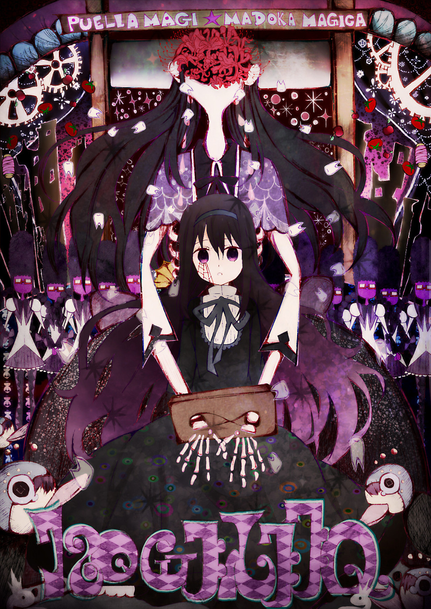 1girl, akemi_homura, black_dress, black_hair, bone, braid, dress, flower