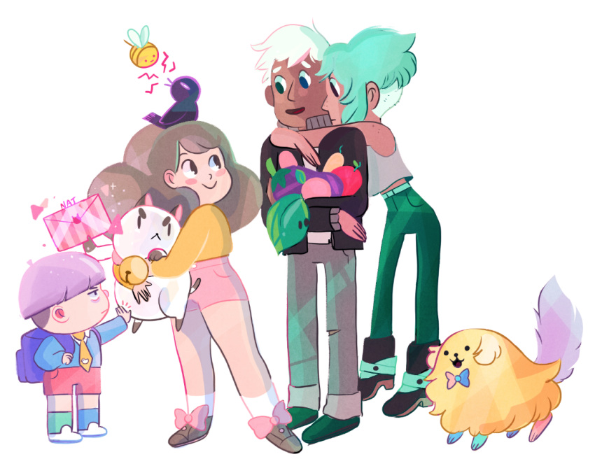 2boys, 2girls, :<, =<, animal_on_head, artist_name, backpack, bag