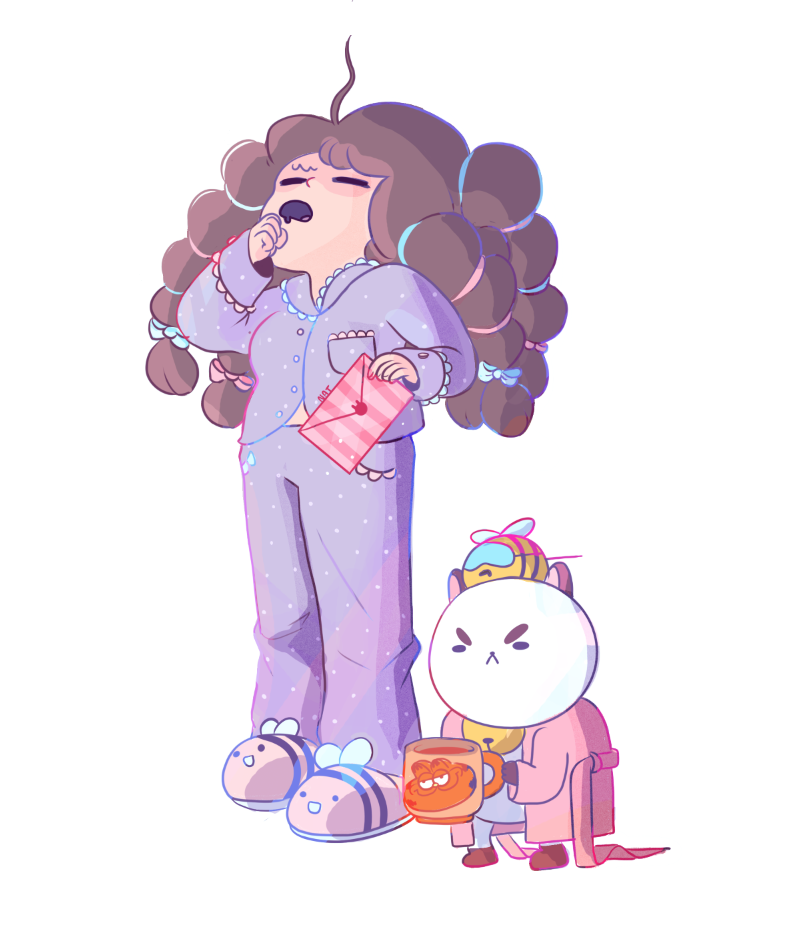 1girl, :<, :d, ahoge, animal_on_head, artist_name, bee, bee_(bee_and_puppycat)