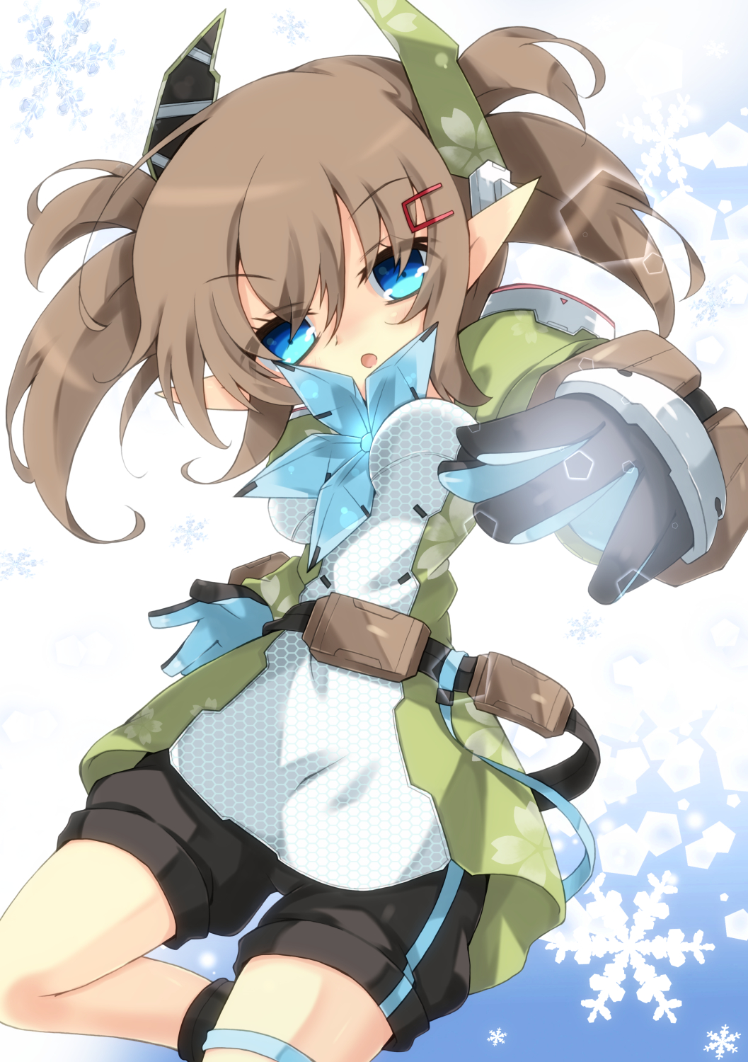 1girl, blue_eyes, brown_hair, flower, highres, milkpanda, open_mouth, phantasy_star, phantasy_star_online_2, pointy_ears, short_hair, snowflakes, tear_(pso2), twintails