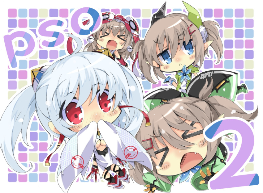 >_<, 4girls, blue_eyes, blush, brown_hair, fang, grey_hair, hat