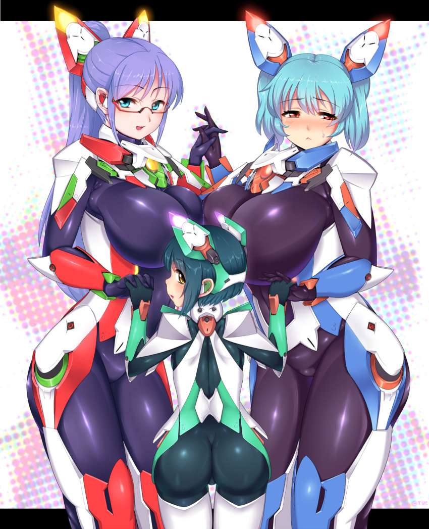 3girls, :<, aqua_eyes, aqua_hair, ass, asymmetrical_docking, backboob, blush