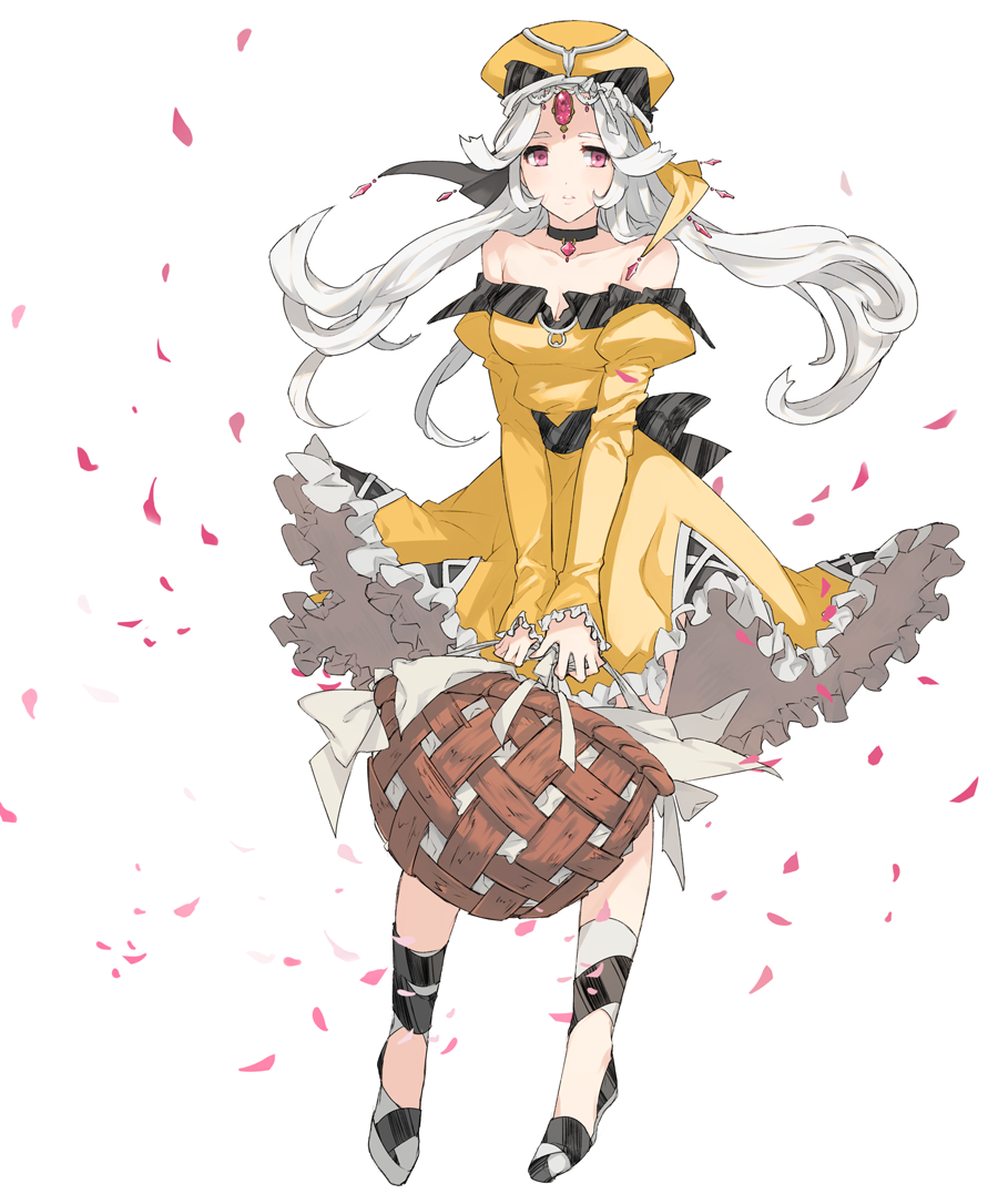 1girl, bare_shoulders, basket, breasts, choker, cleavage, dress, forehead_jewel