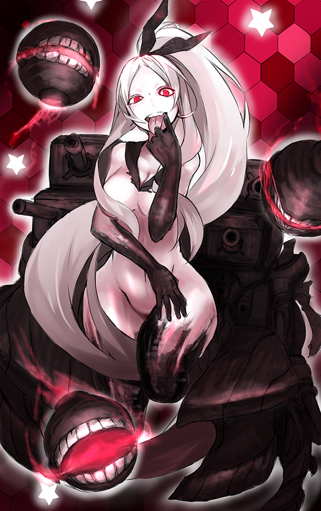 1girl, armored_aircraft_carrier_hime, breasts, gloves, glowing, glowing_eyes, kantai_collection, long_hair, pale_skin, personification, red_eyes, shinkaisei-kan, shirogane_usagi, solo, white_hair
