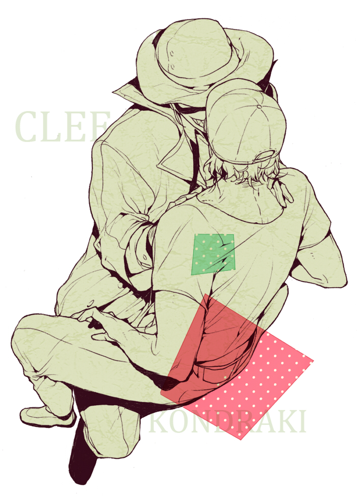 2boys, alto_clef, baseball_cap, character_name, grin, hat, kondraki, kurogomu