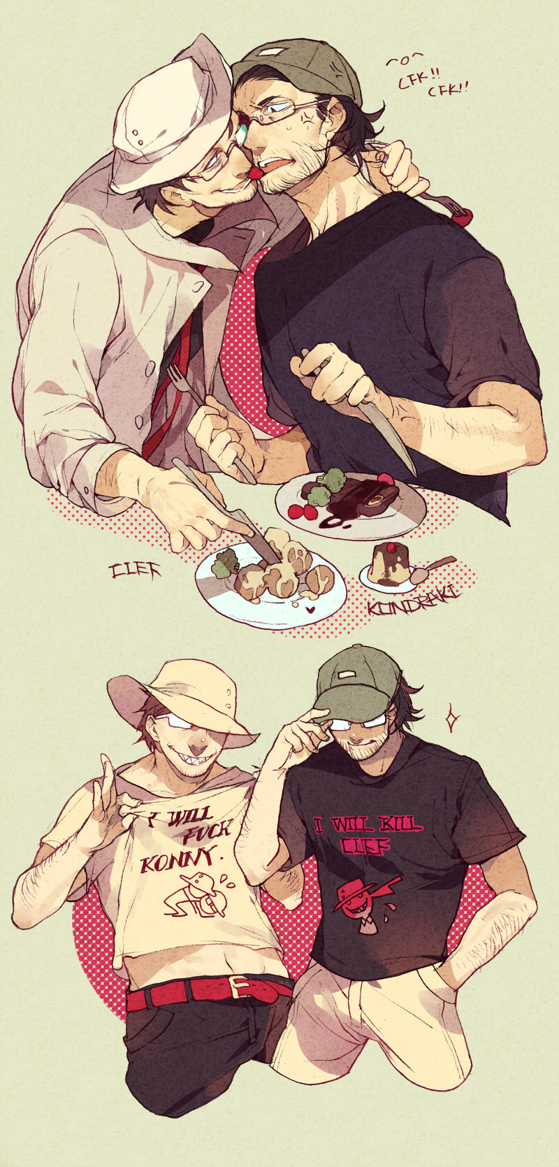 2boys, alto_clef, anger_vein, baseball_cap, belt, broccoli, brown_hair, character_name