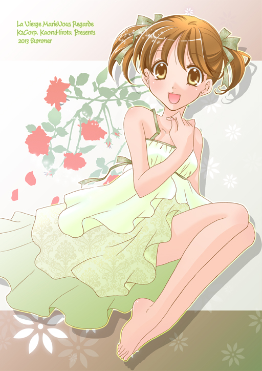 1girl, 2013, :d, bare_legs, bare_shoulders, barefoot, brown_eyes, brown_hair, cover, cover_page, dress, english, floral_background, flower, fukuzawa_yumi, full_body, green_dress, hirota_kaoru, letterboxed, maria-sama_ga_miteru, open_mouth, petals, red_rose, rose, rose_petals, shadow, short_hair, smile, solo, sundress, twintails