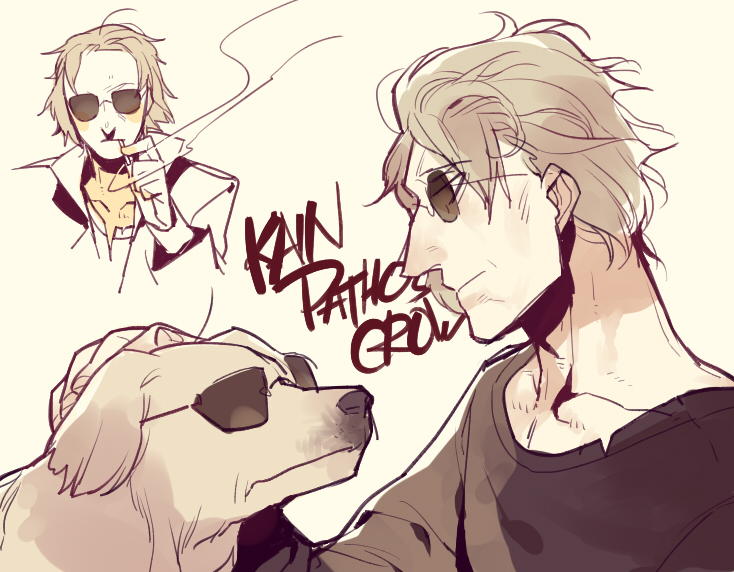 character_name, cigarette, coat, dog, hand_on_another's_head, humanization, joychuo, kain_pathos_crow